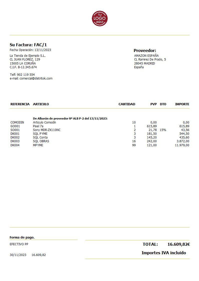 Factura prov 01 IVA Incluido