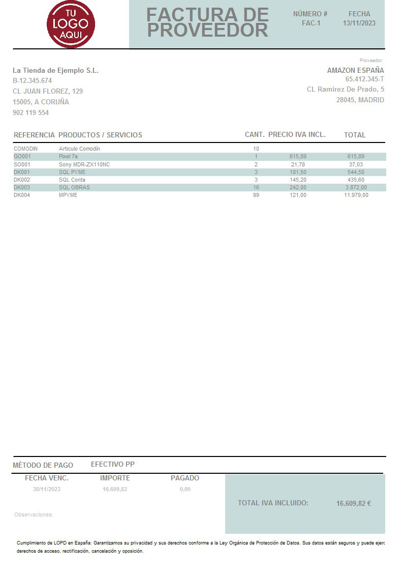 Factura prov 10 IVA Incluido