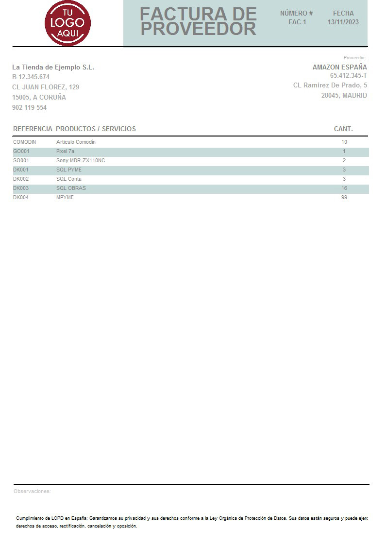 Factura prov 10 Sin valorar