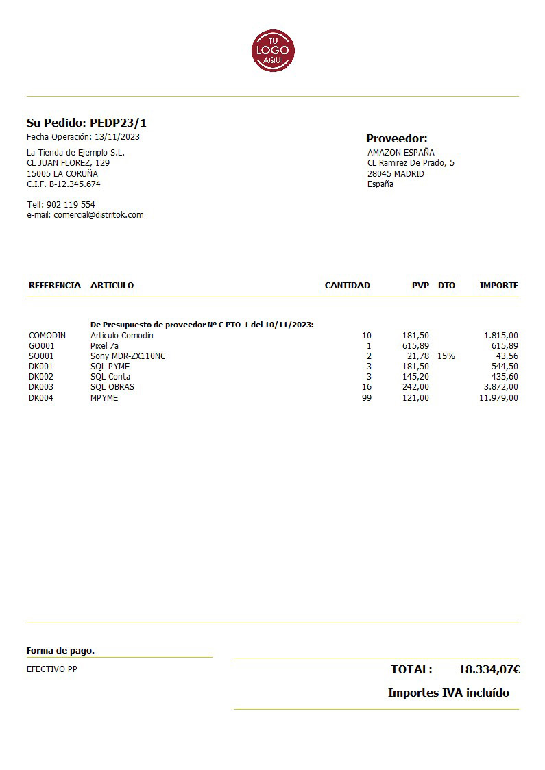 Pedido prov 01 IVA Incluido
