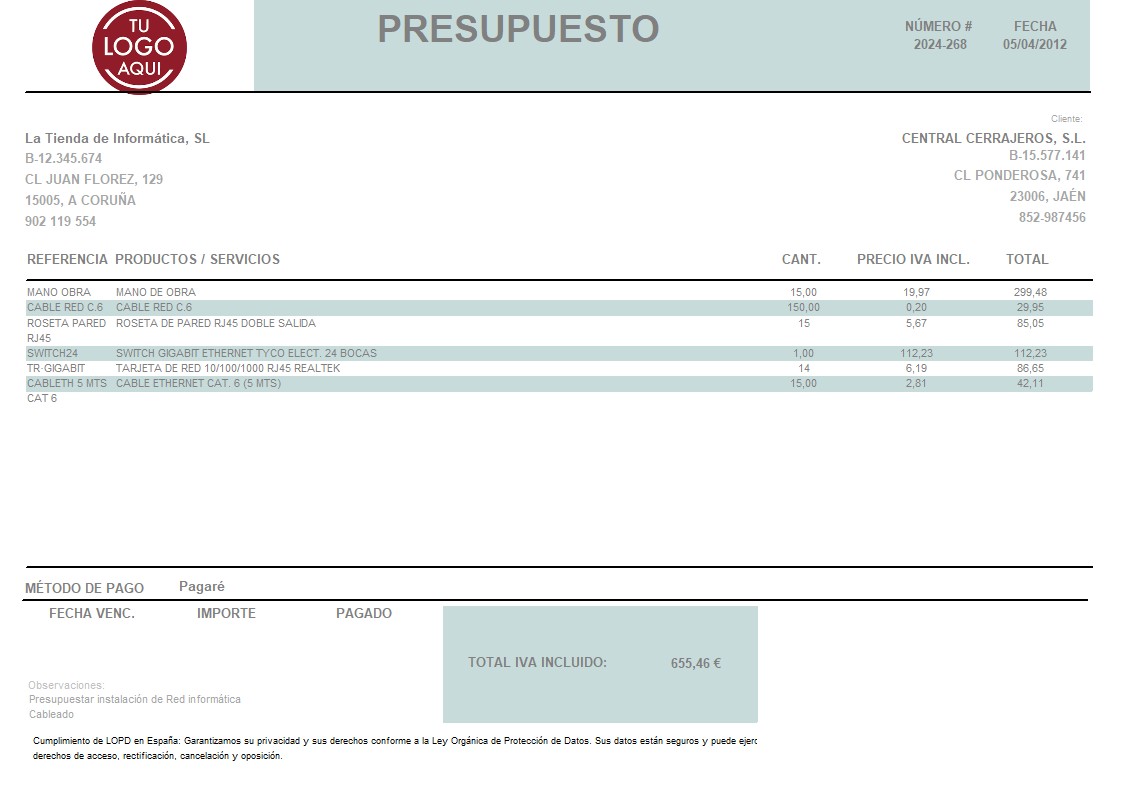 Presupuesto 10 apaisado IVA Incluido